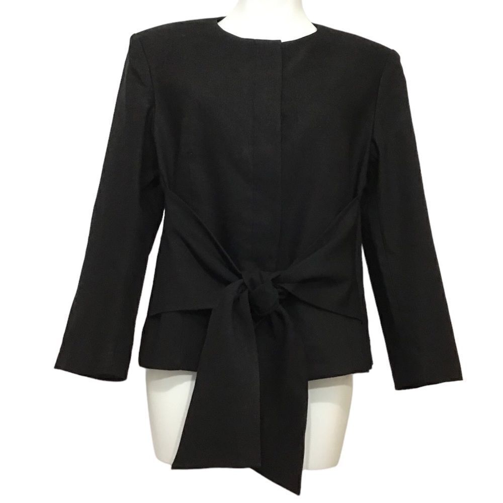 St John Black Linen Blend Collarless Attached Front Tie Belt Blazer New Size 10